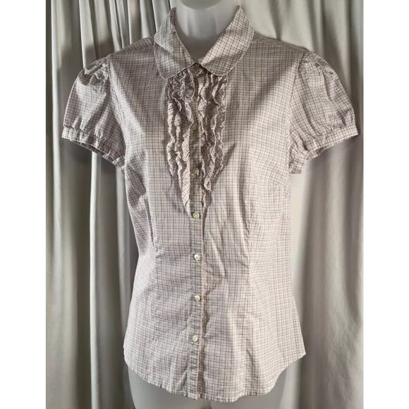 Ann Taylor LOFT Ruffled Top White Red Black 10 cottagecore 73-77 - Picture 2 of 15